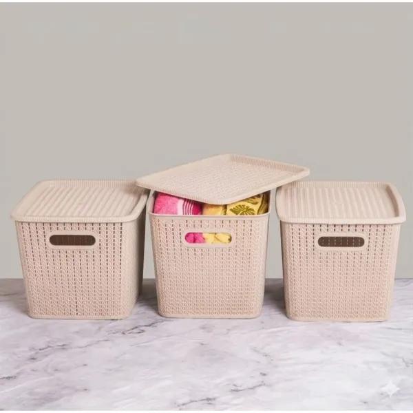 3 Caixas Organizadora Cesto Rattan Multiuso 20 Litros Com Tampa Empilhavel