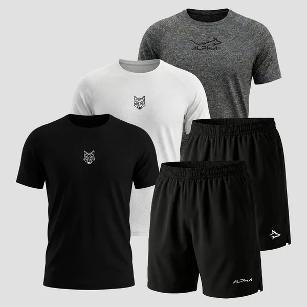 Kit 5 Peças Dry Fit 3 Camisetas e 2 Bermudas Alpha Co