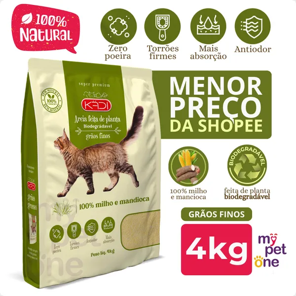 Areia 4Kg Biodegradável Kadi Grãos Finos para Gatos