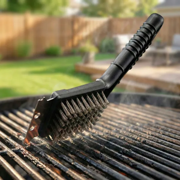 Escova Limpa Grelha Churrasqueira Cerdas De Aço Com Raspador Para Limpeza Churrasqueira