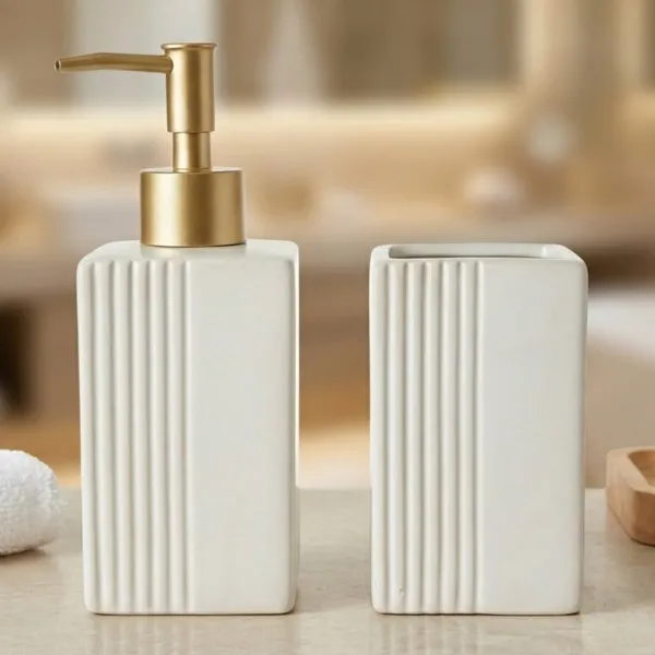 Kit Lavabo Porcelana Luxo Dispenser Porta Sabonete Liquido Porta Escova Decoração Banheiro