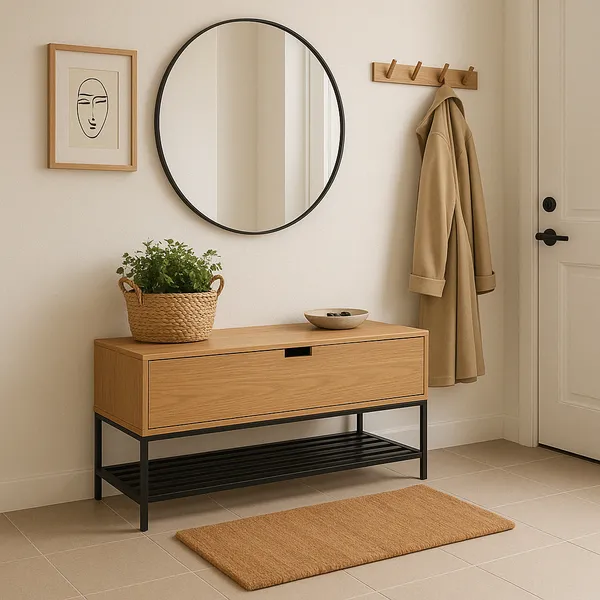 Banco Sapateira calçadeira puff baú balcão com porta recamier rack aparador freijó 100cm