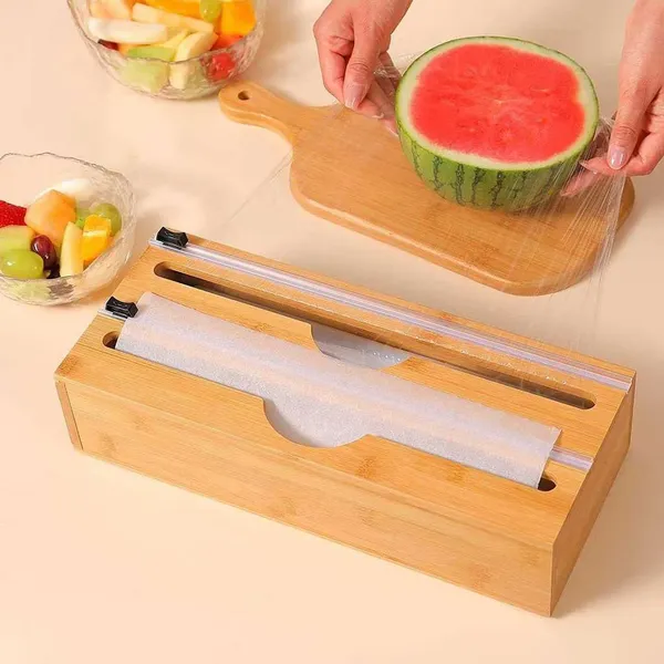 Porta Rolo Duplo Organizador Bambu Papel Alumínio Filme PVC Cortador Dispenser Cozinha Suporte