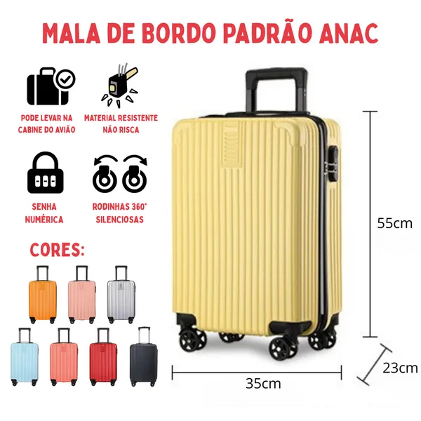 Mala de Viagem Bordo 10kg 55cm ABS com Rodinhas 360° e Cadeado – Bagagem de Mão ANAC 20”
