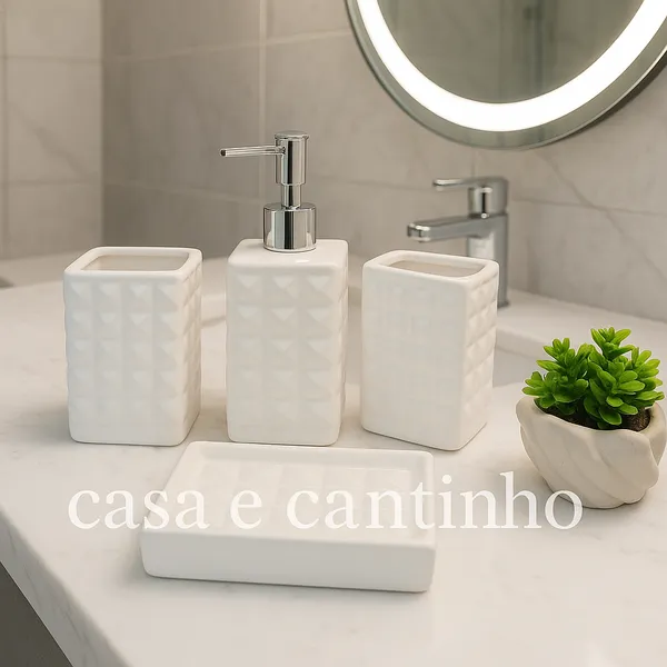 Kit 4 Peças Jogo de Banheiro Lavabo Porcelana Difusor Dispenser Sabonete Liquido Bandeja