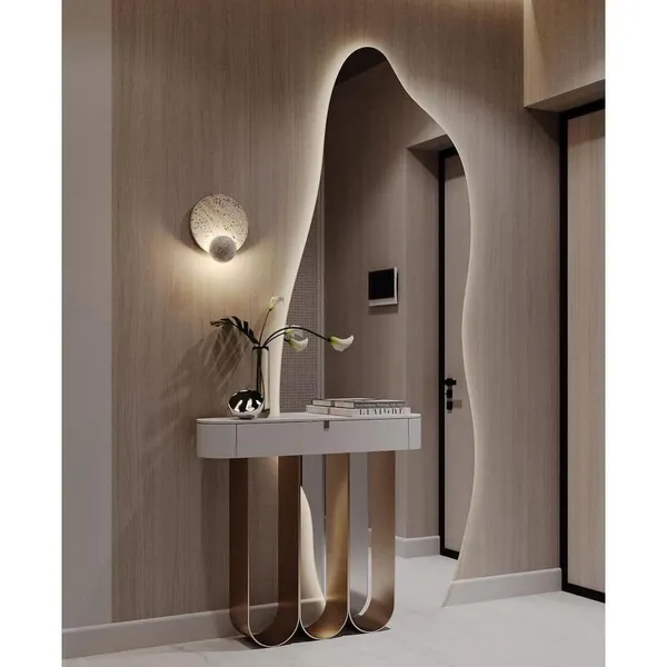 Espelho Orgânico 120x60cm c/ LED Pilhas Quente – Form, 2 Suportes Vertical/Horizontal, Decorativo e Moderno