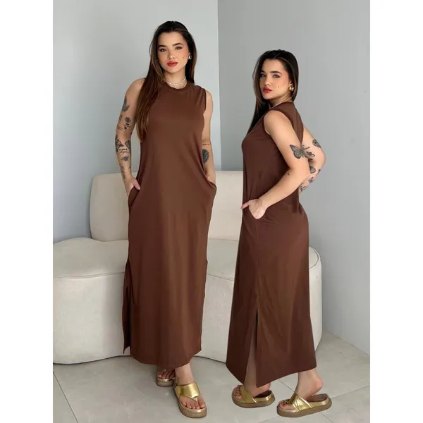 Vestidos Feminino Longo Com Bolso e Fenda nas Laterais Cavado Algodão Alta Qualidade Premium
