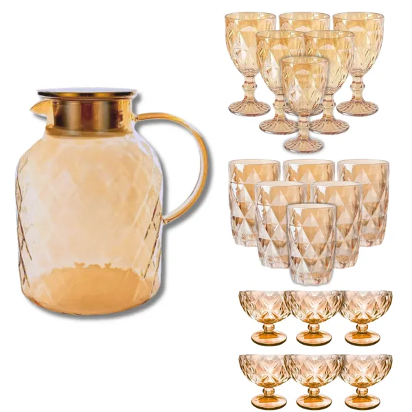 Coleção Diamond Ambar Jarra 1.8L, 6 Taças 340ML, 6 Copos e 6 Taças de sobremesa ou Kit Completo