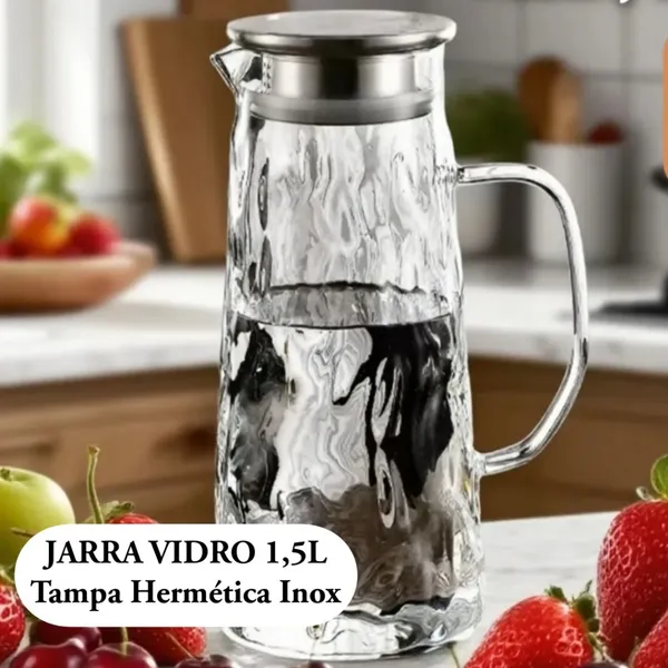 Jarra Vidro 1,5L Borossilicato Tampa Hermética Inox Transparente