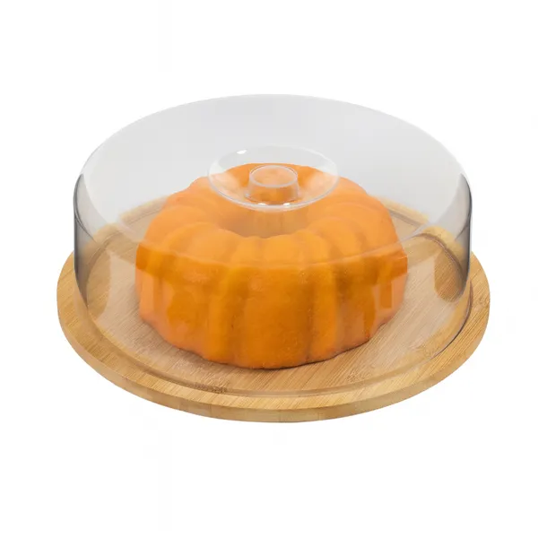 Boleira Bambu Com Tampa Em Acrílico Porta Bolo Para Bolo Torta Pudim Queijo 28cm