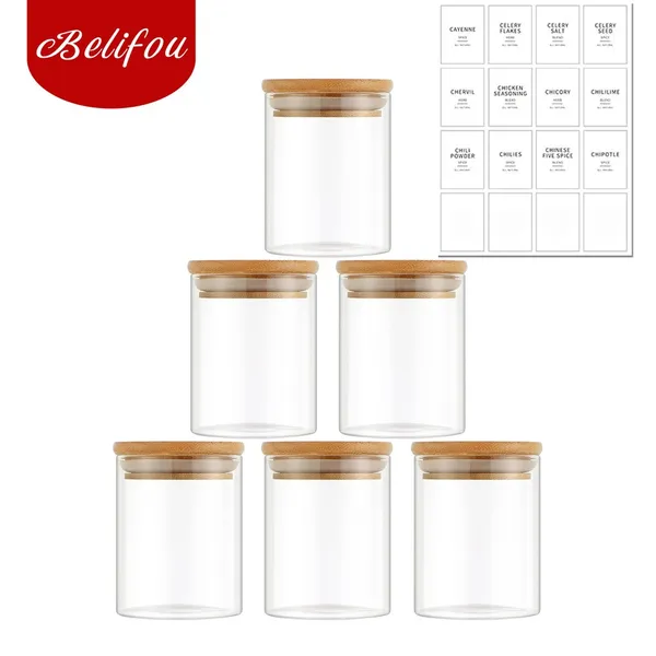 Belifou Kit 6 Pote hermético  200ML Pote De Vidro com Tampa bambu pote de mantimentos para cozinha