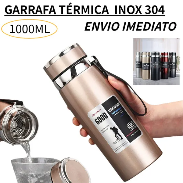 Garrafa 1000ml Inox Térmica Com Infusor Prata e Dourada De Água Café Dupla Com Alça