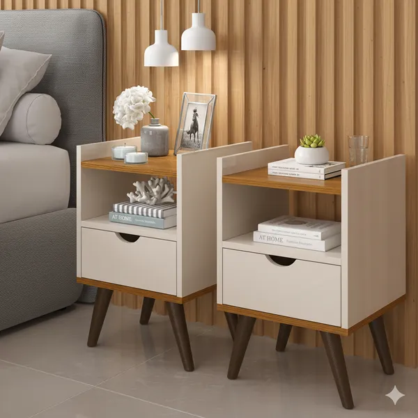 Mesa de Cabeceira Alice Lateral de Cama com Gaveta Pés Com Puxador Usinado e Prateleira