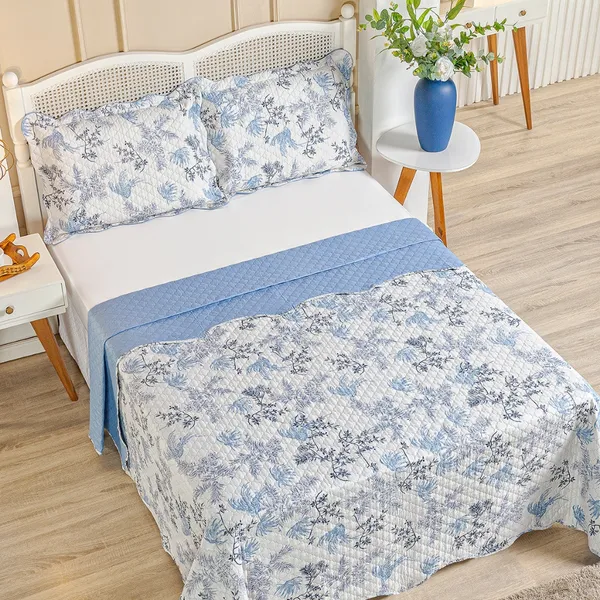 Kit Cobre Leito Colcha Queen Bouti 3 Peças Dupla Face Estampada Porta Travesseiro Aba Americana