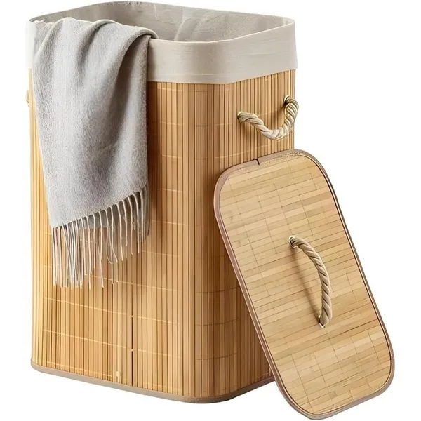 Cesto De Roupa Suja Bambu Dobravel Organizador Forrado Banheiro 60cm Grande Cesto Retangular