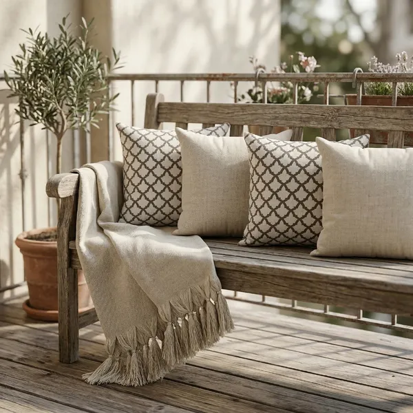 Kit Manta Para Sofá Retrátil + 4 Capas Almofadas Geométricas Bege Cru