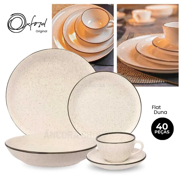 Jogo 40 Pçs Aparelho de Jantar e Chá Oxford Jogo de Pratos e Xícaras Flat Duna Cerâmica Porcelanas