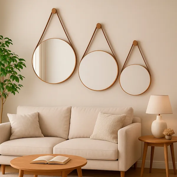 Kit Decoração Espelho Adnet Couro Costurado Decorativo Com Alça + Suporte 30cm 40cm 50cm 60cm