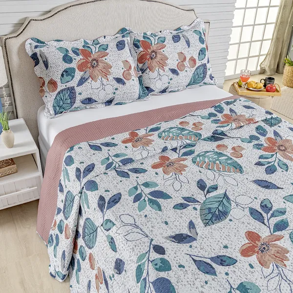 Kit Cobre Leito Colcha Queen Bouti 3 Peças Dupla Face Estampada Porta Travesseiro Aba Americana