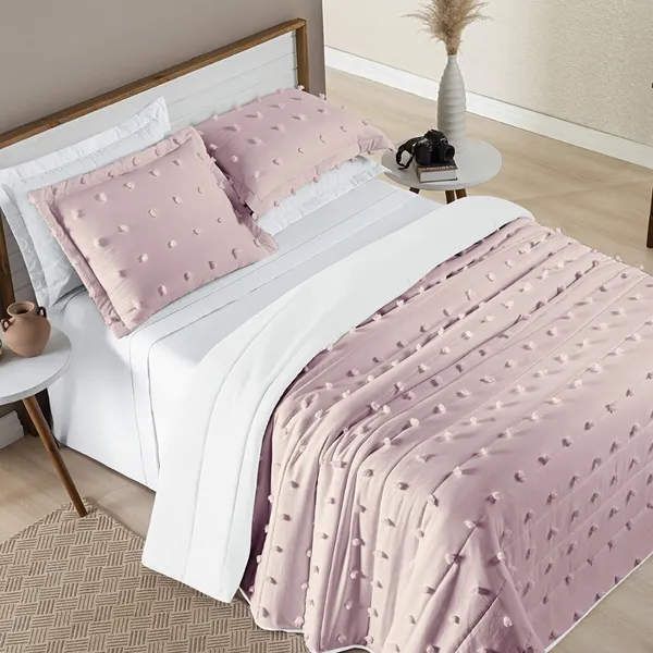 Cobre Leito Solteiro Casal Queen King 300 Fios Dupla Face Pompom Minimalista