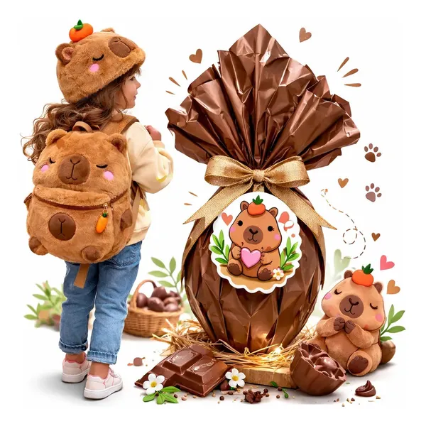 Kit Páscoa Infantil Mochila Capivara com Touca + Ovo Temático – Presente Fofo Meninos e Meninas
