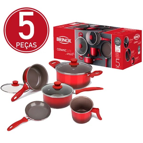 Jogo de Panelas Brinox Life Smart Easy Cerâmica 5 Peças - Vermelho