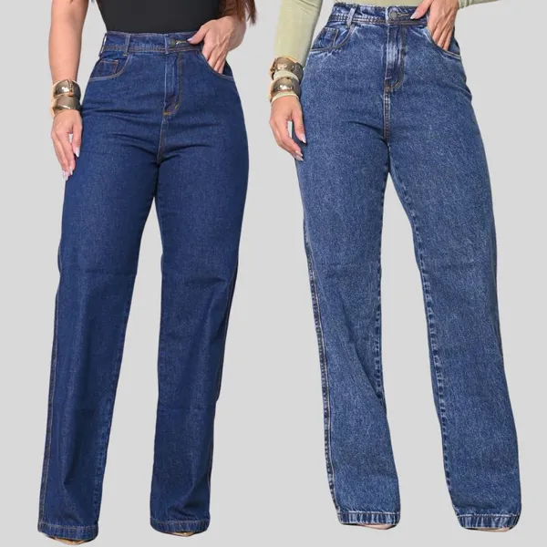 Kit 2 Calça Wide Leg Jeans Feminina Cintura Alta 100% Algodão Sem Lycra Pantalona Marmorizada e Escura Premium Tendencia