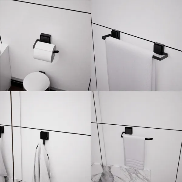 Kit Banheiro 4 Peças Com Ventosa Sem Furo Preto Fosco Completo