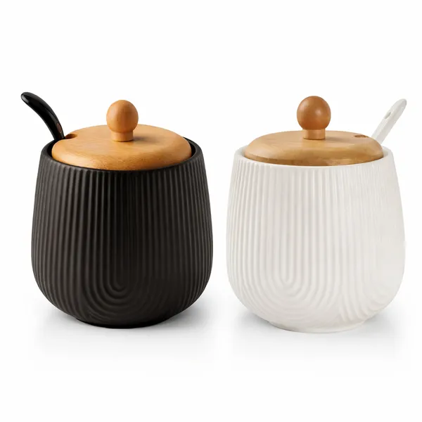 Açucareiro Em Porcelana Com Colher Tampa Bambu 360ml Oásis