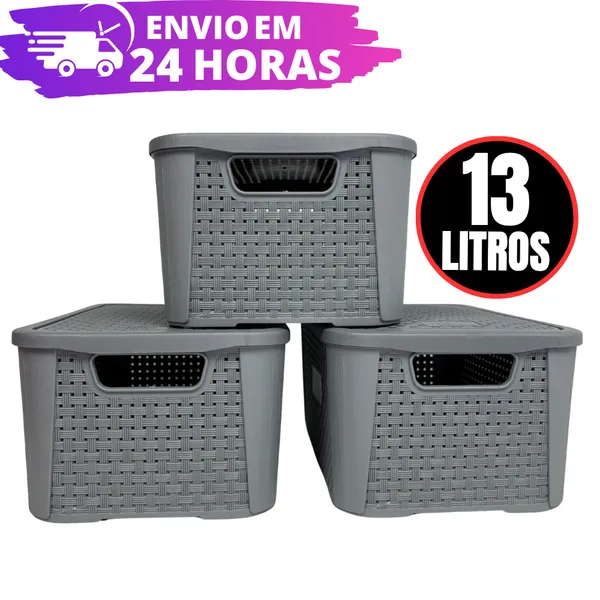 Kit 3 Caixas Organizadora Rattan REFORÇADA 13 LITROS - CINZA