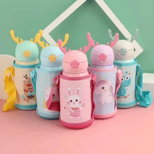 Garrafa Térmica Infantil de 500 ml Aço Inox 304 Com Alça Bolsa De Armazenamento, Canudo e Caneca