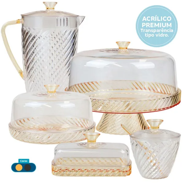 Kit Boleira Alta + Queijeira + Jarra 2 Litros + Manteigueira + Açucareiro Em Acrílico Resistente