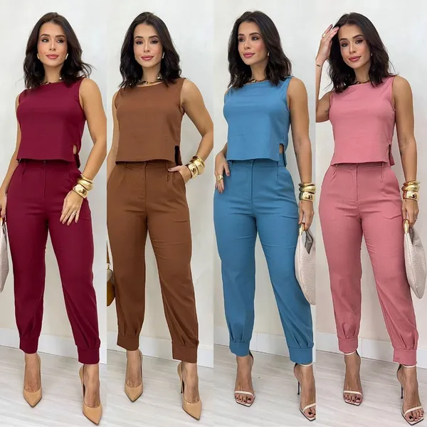 CONJUNTO ALFAITARIA FEMININO ADVOGADA LINHO CALÇA COM PUNHO + REGATA COM DETALHE NA LATERAL