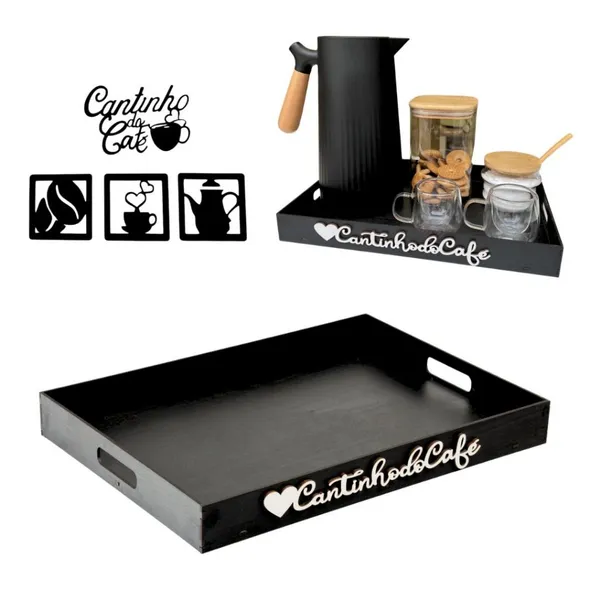Kit Bandeja Cantinho do Café + Apliques Decoração Com Alças para Servir Cafe Cha Apoio Aparador MDF
