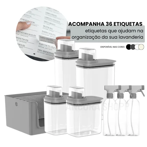 Kit 8 peças Organizador Lavanderia Dispenser 1,5 E 2,3 Litros 3 Borrifadores 500ml e Cesto 16 Litros