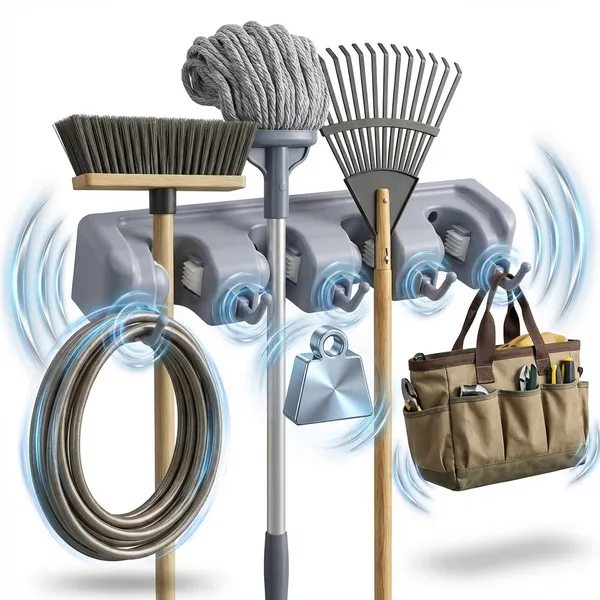 Suporte Organizador de Vassoura 2 em 1 Multiuso Parede Organizador Ferramentas 4 Suportes 5 Ganchos