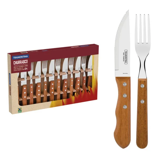 Faqueiro Jogo De Talheres Inox Tramontina Jumbo para Churrasco Madeira 12 Peças Garfo Faca