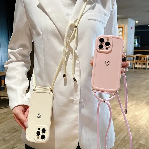 Fofo Amor Coração Cruzado Cordão Capa Corda Para IPhone 15 11 12 13 14 Pro Max XR X XS 8 7 Plus SE Macio Oval