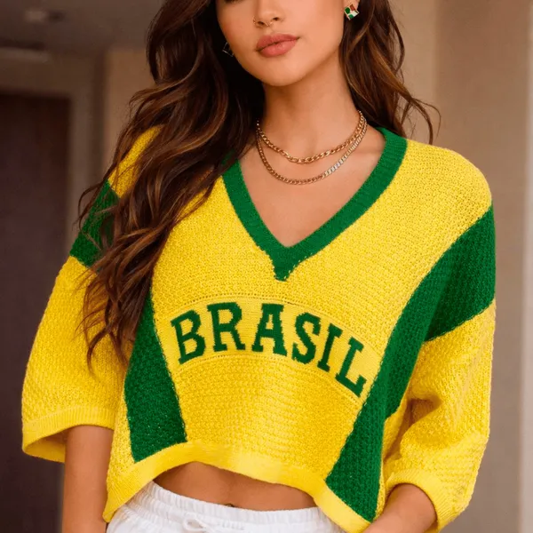 Blusa feminina Cropped Manga 3 Quartos Brasil Copa, elegante casual
