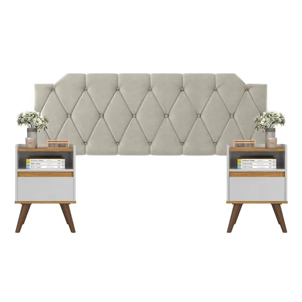 Conjunto Mesa De Cab Com Gaveta + Cabeceira Estofada Box Para Cama Queen