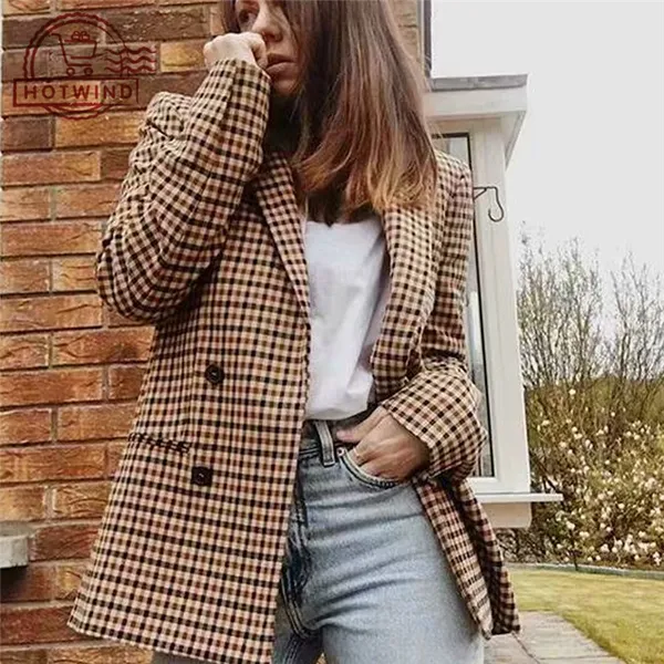 HW Fatos De Manga Comprida Feminina Vintage Notched Bouble Breasted Plaid Women Blazer