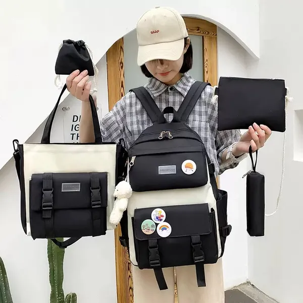Kit 5 Bolsas Mochila Feminina de Nylon Estilo Coreano Grande Capacidade Ideal para o Dia a Dia