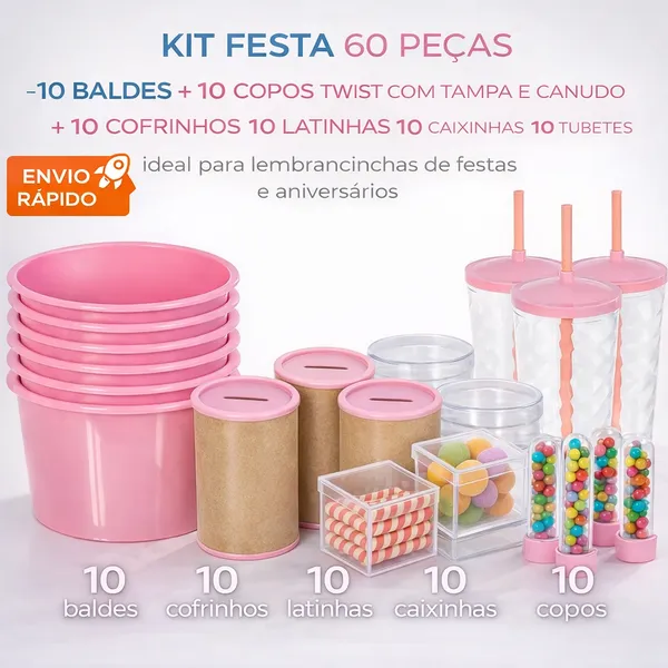 Kit Festa Completo Para Aniversário – Copo, Baldinho, Tubete e Embalagens Decorativas 60 PEÇAS
