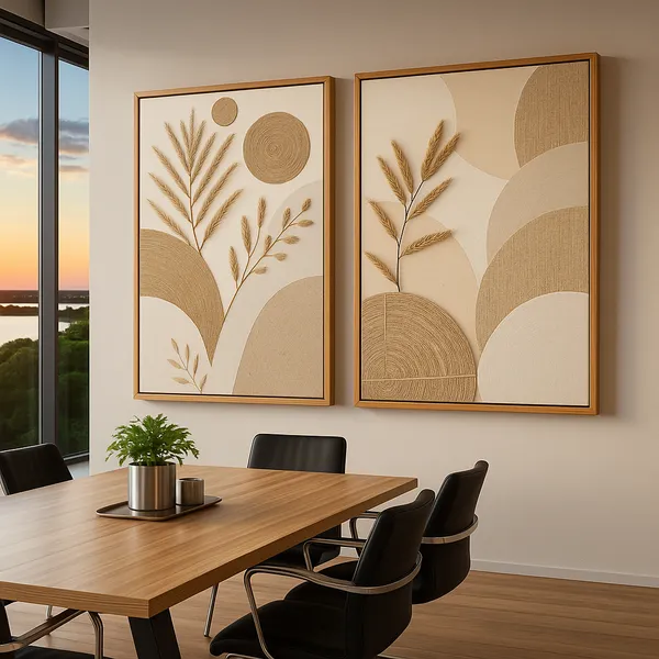 Conjunto de Quadros Decorativos com Trama em Palha – Acabamento Elegante