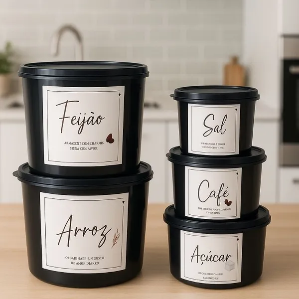 Kit Mantimentos 5 Potes Plástico Premium – Arroz Feijão Açúcar Sal Café | Organização de Cozinha