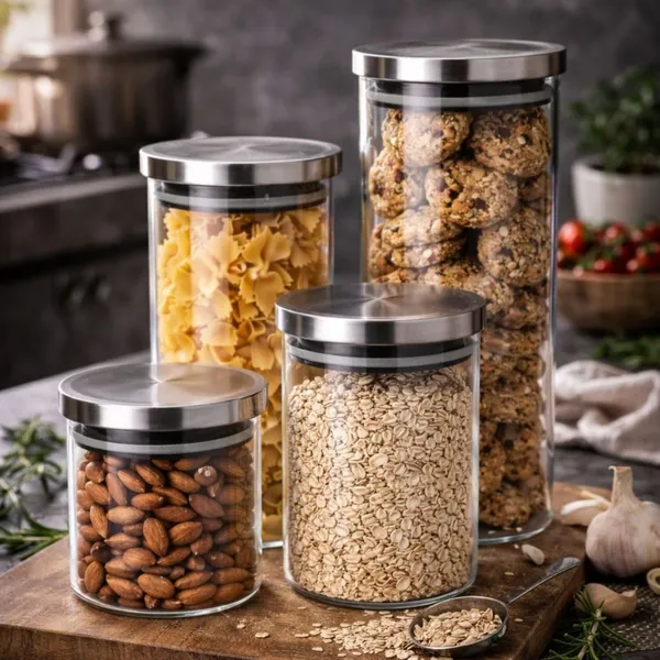 Kit 4 Potes de Vidro Com Tampa Inox Conjunto Utensílio Para Cozinha Alimentos