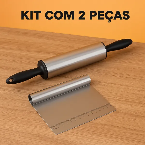 Kit Rolo inox giratório + Espátula profissional tubular confeitaria pão pizza Macarrão