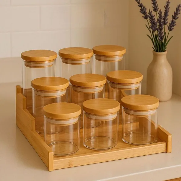 Kit 6 Potes Para Tempero 200ml Vidro Hermético Tampa Bambu Alta Vedação Mantimentos