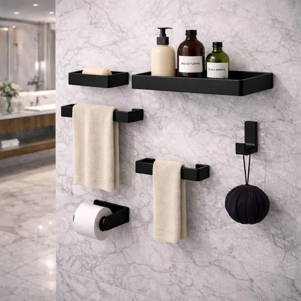 Kit Acessórios Para Banheiro Preto Fosco 6 Peças MAX Moderno