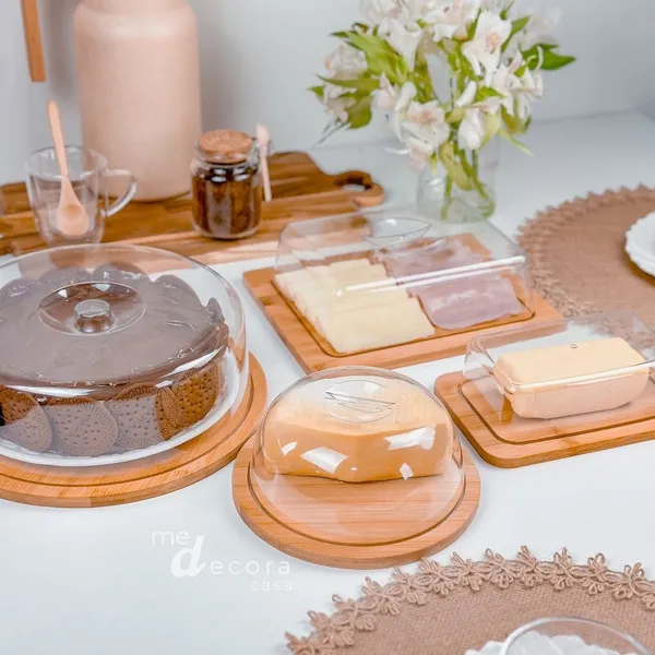 Kit Café da Manhã  4 ITENS Boleira + Manteigueira + Porta Frios Bambu + Queijo BAMBU Para mesa posta